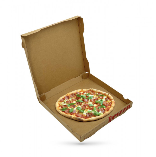 BOITE A PIZZA KRAFT BRUN 100% PATE VIERGE IMPRESSION ROUGE 310X35 MM (100 U)