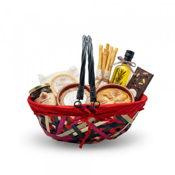 PANIER EN OSIER ET TISSU ROUGE AVEC POIGNEES EN BOIS TRESSE 27X21X22 CM (1 U)