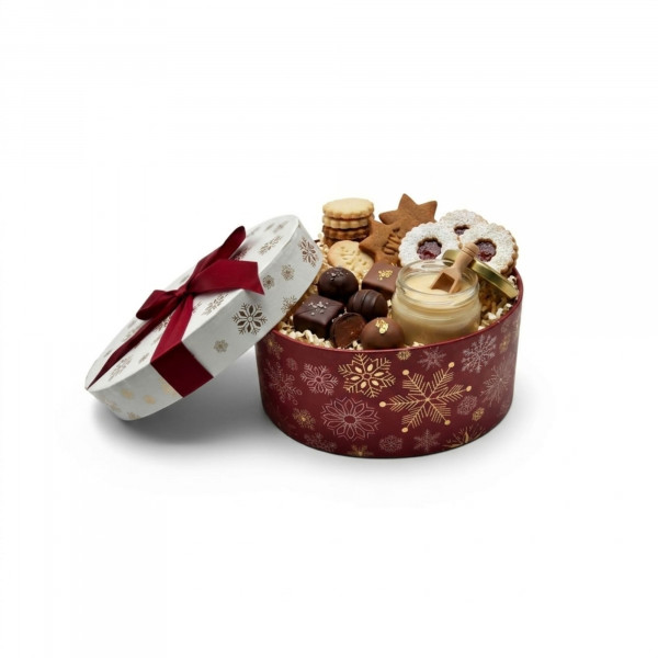 COFFRET CADEAU CARTON OVALE ROUGE/BLANC AVEC COUVERCLE/NOEUD 18.5X13.5X9 CM(1 U)