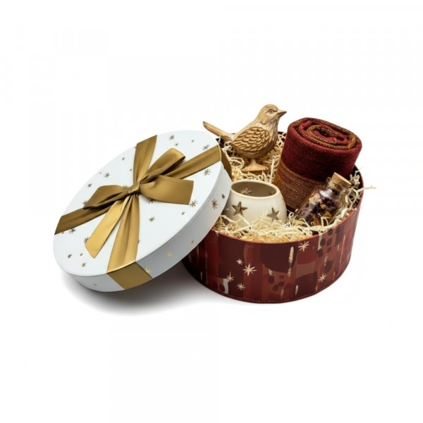COFFRET CADEAU ROND CARTONNE ÉTOILES ROUGE ET OR Ø27X10 CM (1 U)