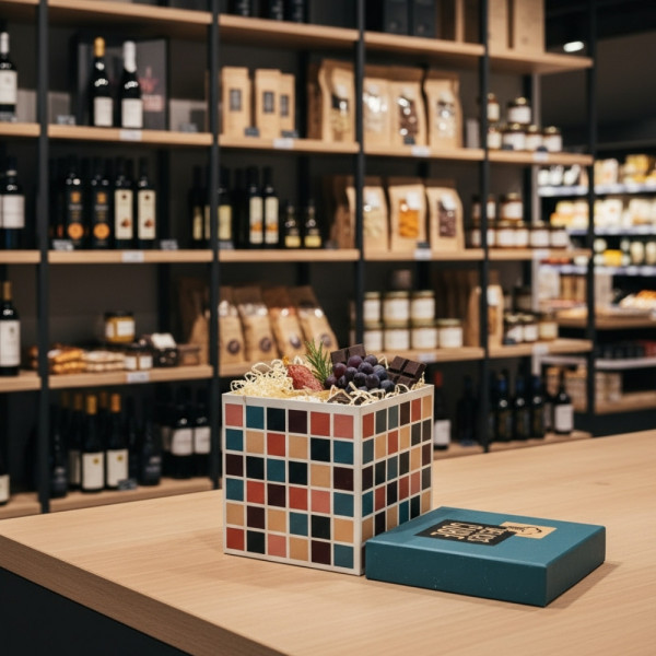 COFFRET CUBE CARTONNE «&nbsp;DELICES CUBE&nbsp;» AVEC COUVERCLE 18X18X19 CM (1 U)