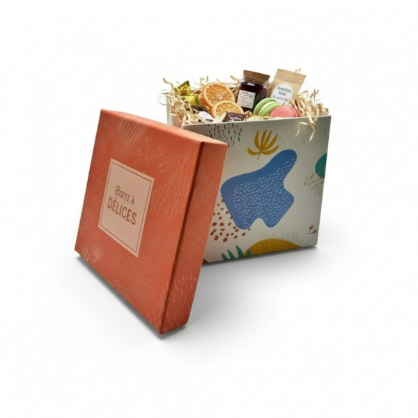 COFFRET CUBE CARTONNE «&nbsp;DELICES&nbsp;» AVEC COUVERCLE 18.5X18.5X18.5 CM (1 U)