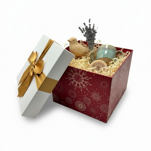 COFFRET CADEAU CUBE ROUGE OR/BLANC AVEC COUVERCLE/NOEUD 32X32X25 CM (1 U)