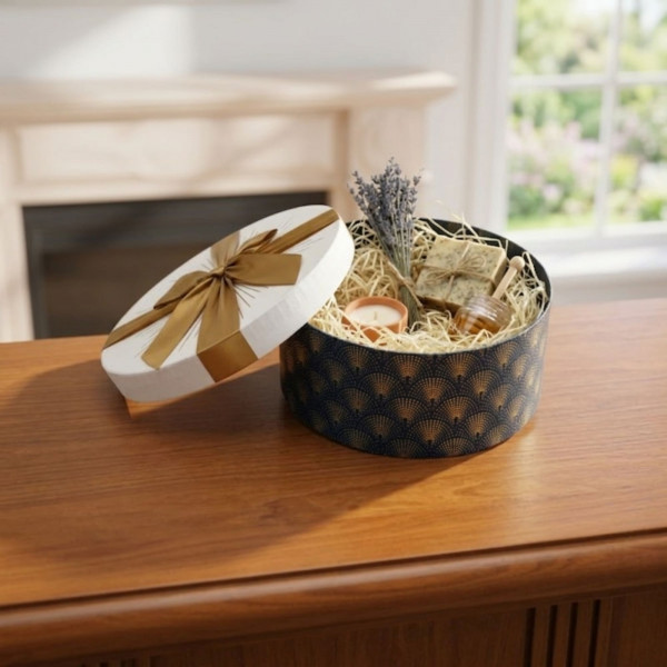 COFFRET CADEAU CARTON BLEU/BLANC AVEC COUVERCLE/NOEUD DORE Ø27X10 CM (1 U)