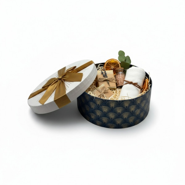 COFFRET CADEAU CARTON BLEU/BLANC AVEC COUVERCLE/NOEUD DORE Ø27X10 CM (1 U)