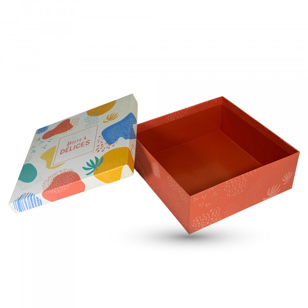 COFFRET CARRÉ CARTON AVEC COUVERCLE «&nbsp;BOITE A DELICES&nbsp;» 30X30X12 CM (1 U)