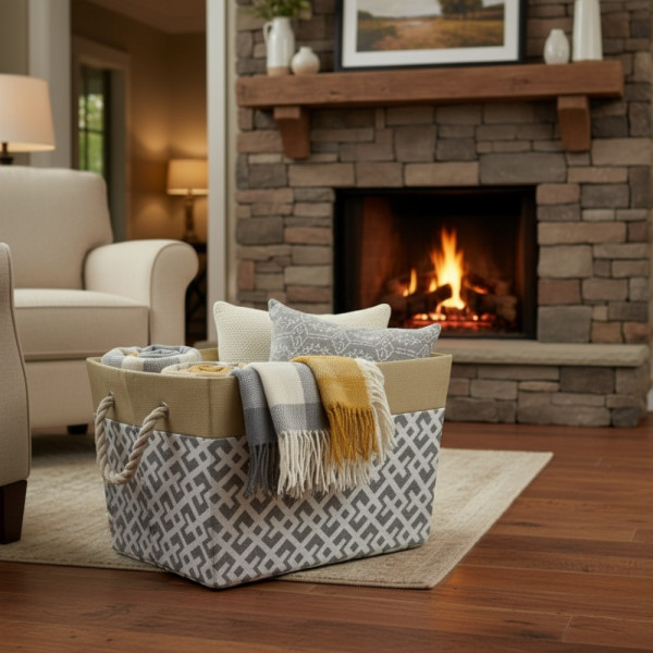 PANIER AVEC TISSU DECORE INTERIEUR BEIGE ET POIGNEES EN CORDE 41X30X27 CM (1 U)