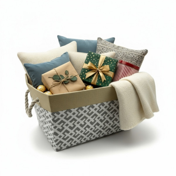 PANIER AVEC TISSU DECORE INTERIEUR BEIGE ET POIGNEES EN CORDE 41X30X27 CM (1 U)
