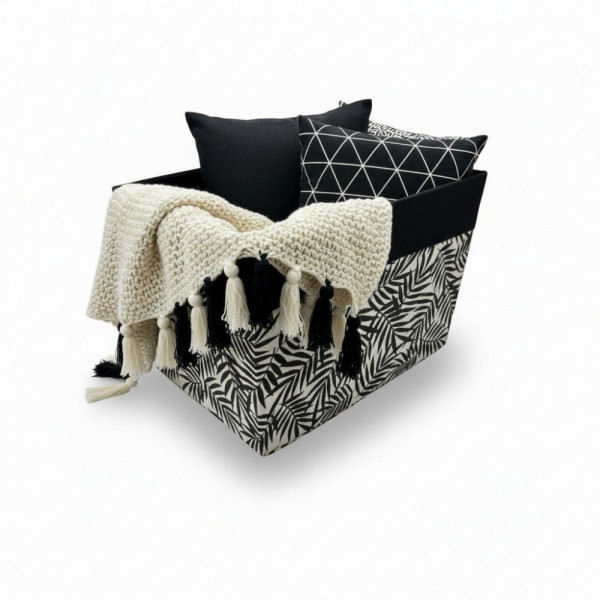 PANIER AVEC TISSU DECORE INTERIEUR NOIR ET POIGNEES EN CORDE 41X30X27 CM (1 U)