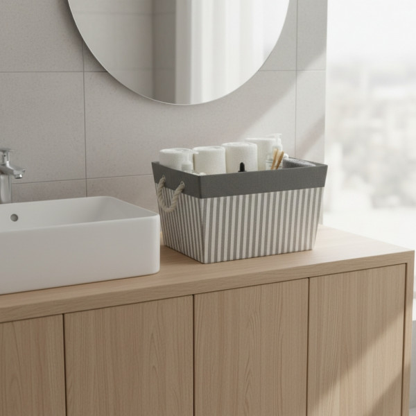PANIER AVEC TISSU DECORE INTERIEUR GRIS ET POIGNEES EN CORDE 41X30X27 CM (1 U)