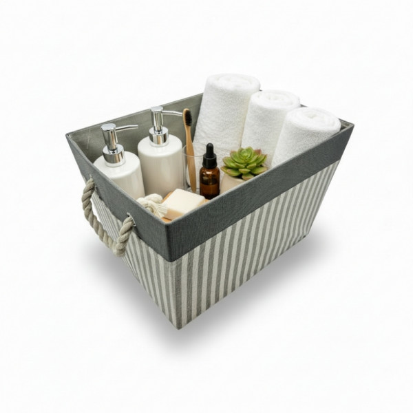 PANIER AVEC TISSU DECORE INTERIEUR GRIS ET POIGNEES EN CORDE 41X30X27 CM (1 U)