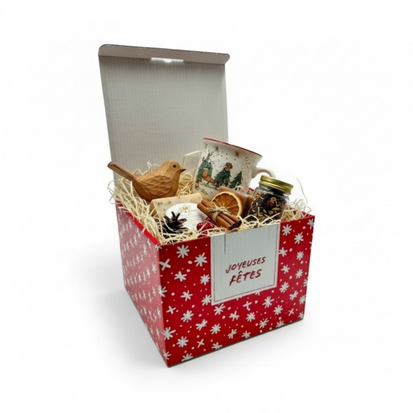 COFFRET CARTON ROUGE JOYEUSES FETES DEPLIANTE (NON MONTÉE) 24X24X17.5 CM (10 U)