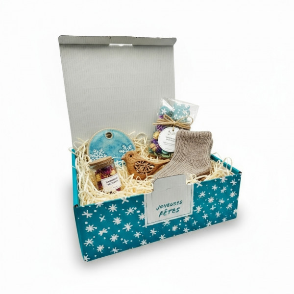 COFFRET CARTON BLEU CIEL JOYEUSES FETES DEPLIANTE (NON MONTÉE) 36X31X12 CM (10U)