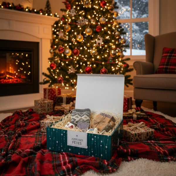 COFFRET CARTON VERT JOYEUSES FETES DEPLIANTE (NON MONTÉE) 36X31X12 CM (10 U)