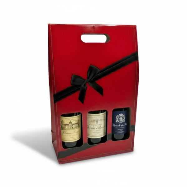 COFFRET CARTONNE ROUGE 3 BOUTEILLES AVEC POIGNEE INCURVEE 25.5X8.5X42 CM (10 U)