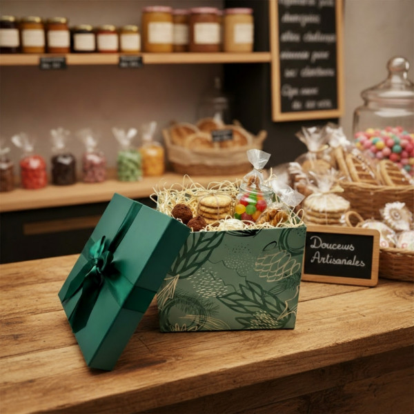 COFFRET CADEAU CARTON CARRE VERT/DORE AVEC COUVERCLE/NOEUD VERT 27X27X21CM (1 U)