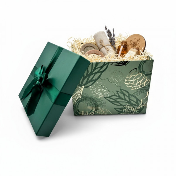 COFFRET CADEAU CARTON CARRE VERT/DORE AVEC COUVERCLE/NOEUD VERT 27X27X21CM (1 U)