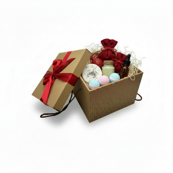COFFRET CADEAU CARTON CARRE BRUN AVEC COUVERCLE/NOEUD ROUGE 27X27X20CM (1 U)