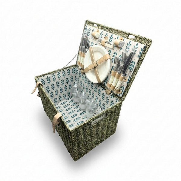 MALLE EN OSIER PIQUE-NIQUE VERTE AVEC USTENSILES REUTILISABLES 45X30X30CM (1 U)