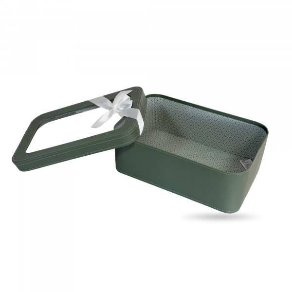 COFFRET CARTON VERT A FENETRE AVEC NOEUD BLANC 33X21X12 CM (1 U)
