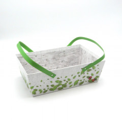PANIER RECTANGULAIRE BLANC/VERT 2 ANSES COCCINELLES/FEUILLES 30X20X10 CM (1 U)