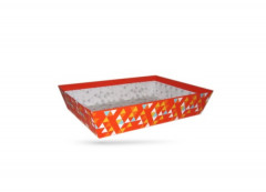 CORBEILLE RECT. CARTON ROUGE TRIANGLES COULEURS FOND BLANC 36x27x7 CM (1 U)