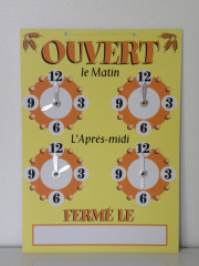 PANNEAU HORAIRES JAUNE/ORANGE « OUVERT » 4 CADRANS « EPIS » FIL NYLON 22X15 CM (1 U)