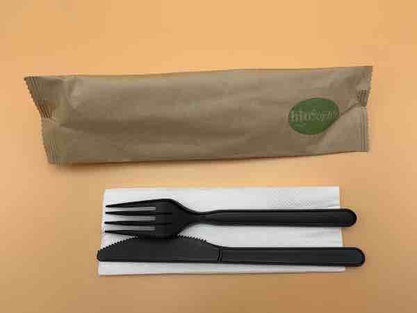 KIT COUVERT NOIR MAT CPLA 3/1 100% COMPOST.SACHET KRAFT ...