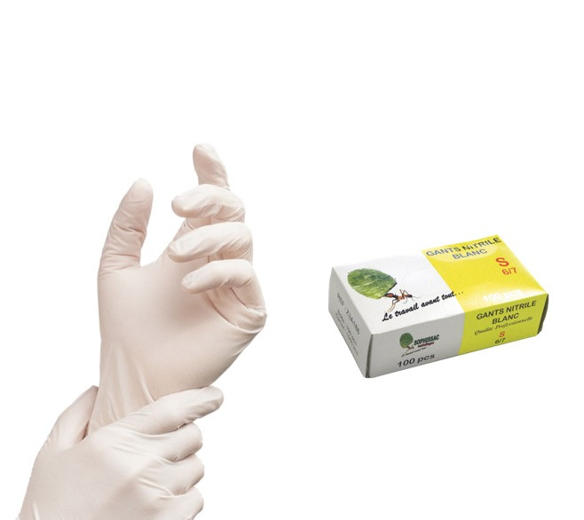 GANT JETABLE NITRILE BLANC EPAIS TAILLE S=6/7 NON POUDRÉ LOGO SOPHISSAC (100 U)