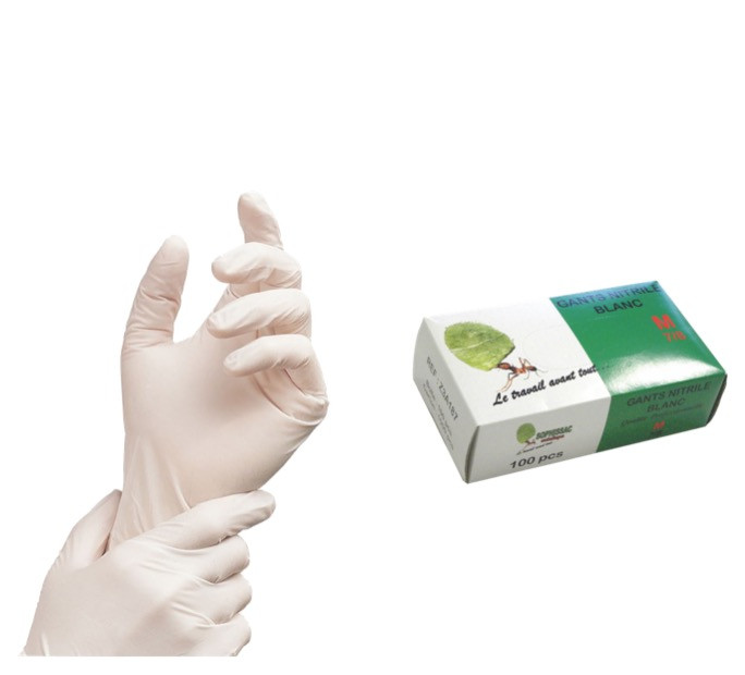 GANT JETABLE NITRILE BLANC EPAIS TAILLE M=7/8 NON POUDRÉ LOGO SOPHISSAC (100 U)