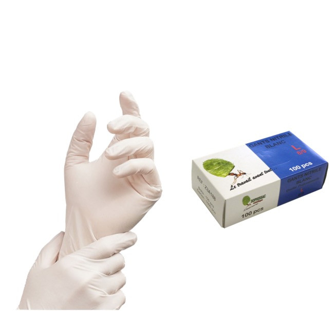 GANT JETABLE NITRILE BLANC EPAIS TAILLE L=8/9 NON POUDRÉ LOGO SOPHISSAC (100 U)