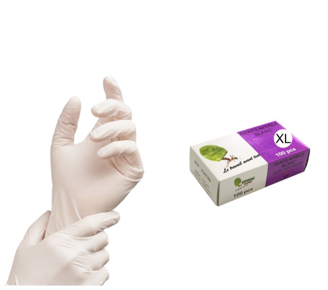 GANT JETABLE NITRILE BLANC EPAIS TAILLE XL=9/10 NON POUDRÉ LOGO SOPHISSAC (100U)
