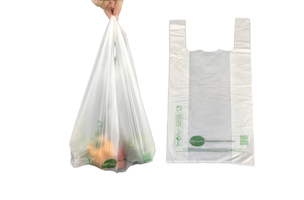 SAC BRETELLES BIODEGRADABLE COMPOSTABLE BLANC 30+7X54CM 20µ CONFORME LOI(1000 U)
